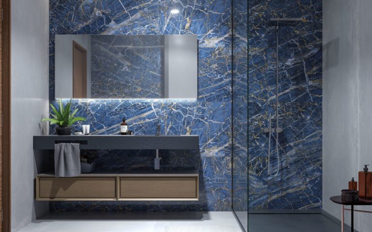 Wetroom walls in World of Tiles Tile of the Year 2022 Blue Golden